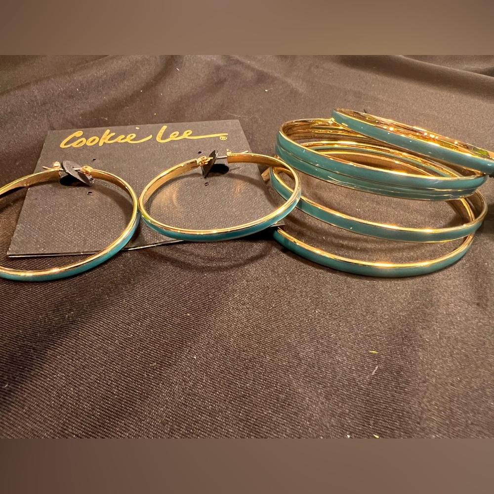 Cookie Lee- turquoise and gold bracelet and hoops